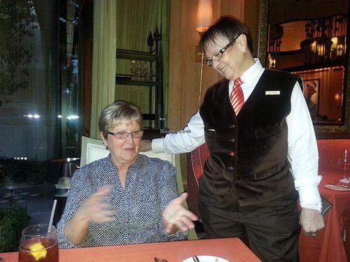 Nancy explaining just what Vegan cuisine should be. at Wynn Hotel - Sinatra in Las Vegas
