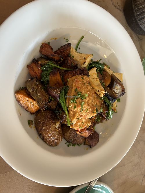 Tofu scramble with roasted pumpkin, among other veggies and hummus on top    at Café Tennyson + Bistro in Napier