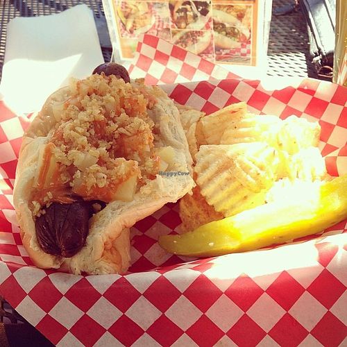 Sweet Pineapple, Crushed Potato Chips, Mozzarella Cheese and our exquisite Simon’s Spread. This is a must try, don’t miss it! Ask for VEGAN. at Simon's Hot Dogs in Sedona