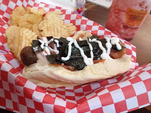 Tokyo Madness (vegan style) w/ onions, nori (which is B12 rich!), and Simon's special sauce. SO good! at Simon's Hot Dogs in Sedona