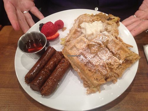Waffles with a side of Sausage. (All 'meat' is vegan and made in house!!) at The Clever Rabbit in Edmonton