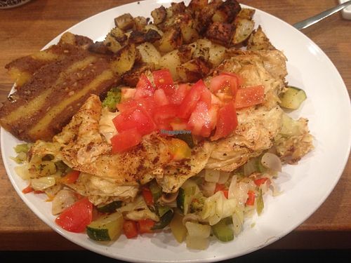 Vegan Onelet with a side of bacon! The omelet isn't my fave item on their menu.  at The Clever Rabbit in Edmonton