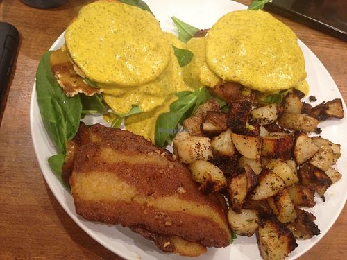 Vegan Benny with a side of bacon! 
My non vegan bf loves this and their 'bangers abd hash' menu options as his current faves!  at The Clever Rabbit in Edmonton