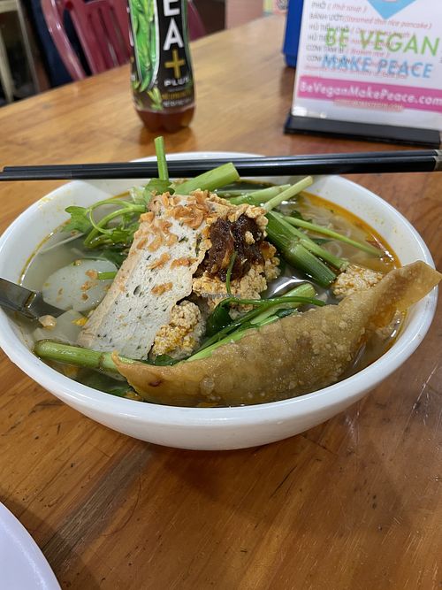 Noodle soup with spring rolls  at Khanh Ly Vegetarian Food in Phu Quoc