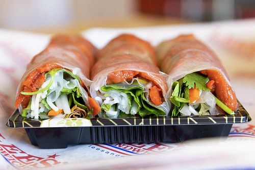 Lee's rice paper rolls made with char siu from OmniPork
 at Lee's Sandwiches - San Jose City Hall in San Jose