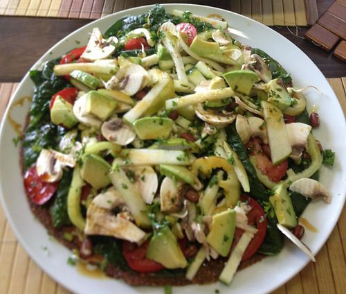 Raw vegan pizza with lots of veggie (best I have ever had) and raw vegan bananas with filling at BEMBA rawfood & plant-based in Bratislava