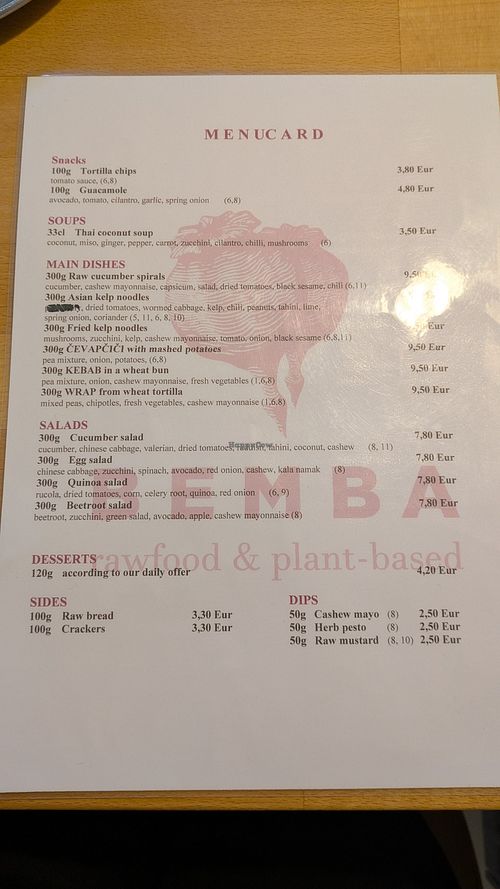 Food menu at BEMBA rawfood & plant-based in Bratislava