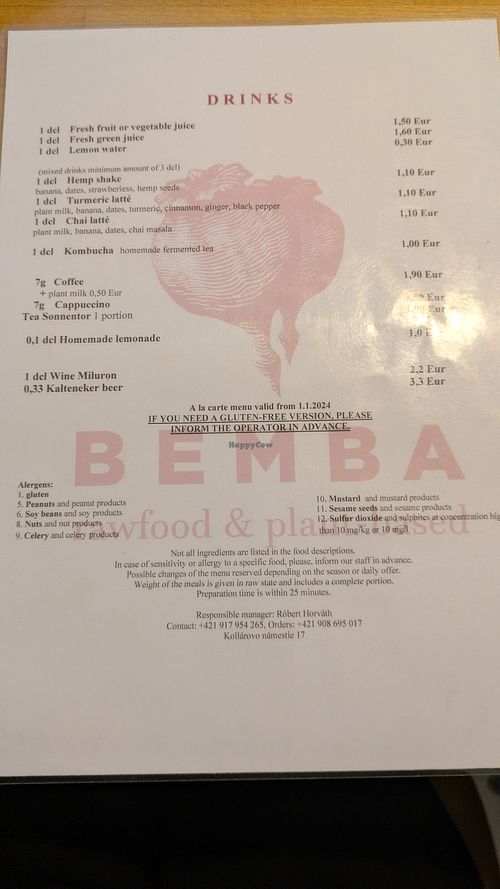Drinks menu at BEMBA rawfood & plant-based in Bratislava