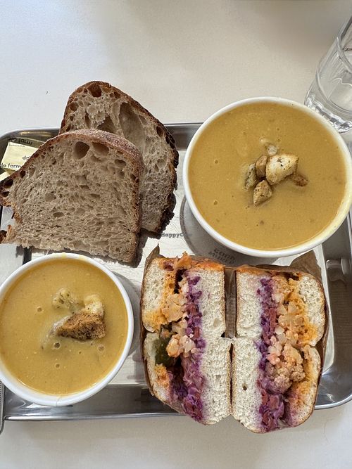 Sweet potato / Lentil soup + cauliflower bagel  at Naked Soup in Glasgow
