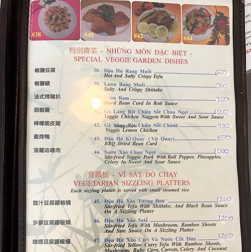 menu at Veggie Garden in Edmonton