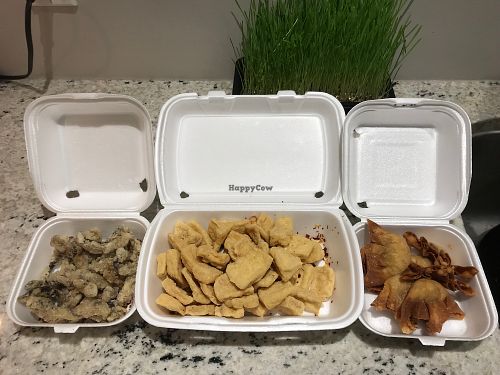 Shiitake mushrooms, spicy tofu and deep fried wontons.  at Veggie Garden in Edmonton