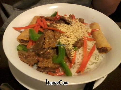 One of the vermicelli bowls, this one has springrolls, faux chicken and faux beef.  Sauce is served on the side. at Veggie Garden in Edmonton