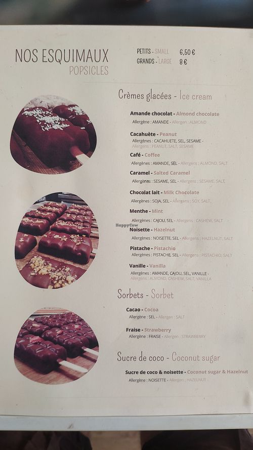 Ice cream menu at La Cabosse Enchantée in La Rochelle