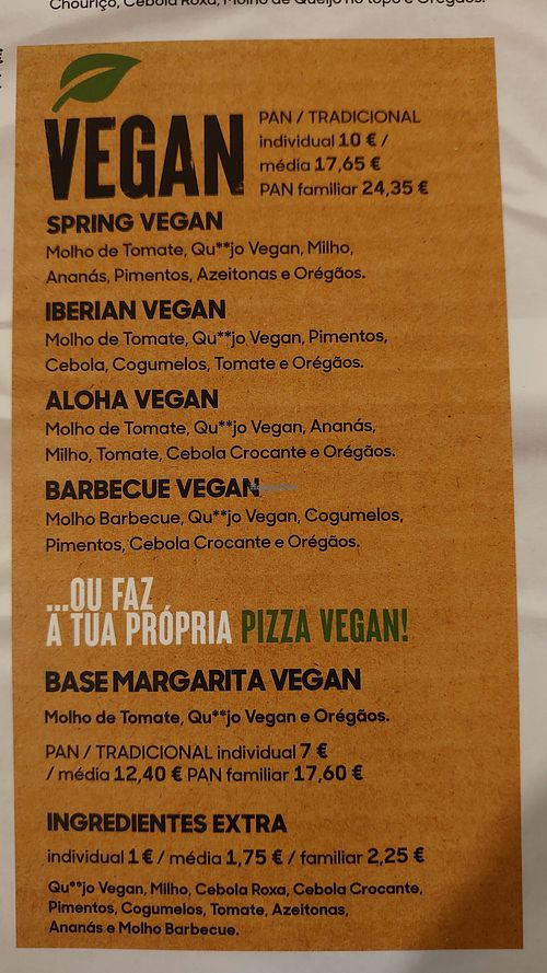 Vegan menu at Pizza Hut in Coimbra