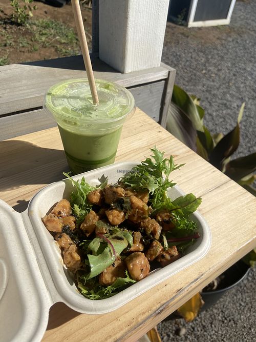 Iced matcha and tempeh poke for breakfast before a hike.   at Booch + Coco in Haiku