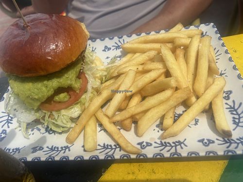 Vegan burger from the menu, not sure if bun was vegan. Two quinoa patties.  at Jamaica Cocktail Bar in Mallorca