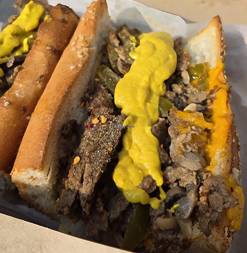 Plant-based cheesesteak with mushrooms, sweet peppers, and onions, topped with mustard at Ciconte's - Swedesboro in Swedesboro