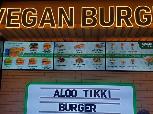 Marquee and menu at Vegan Burger - Dubai Mall in Dubai