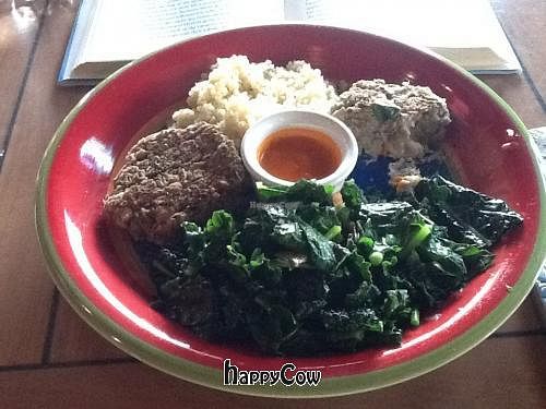 Collette Cakes w red pepper sauce, quinoa & mixed greens sauteed in coconut oil! at Collage Foods in Lincoln City