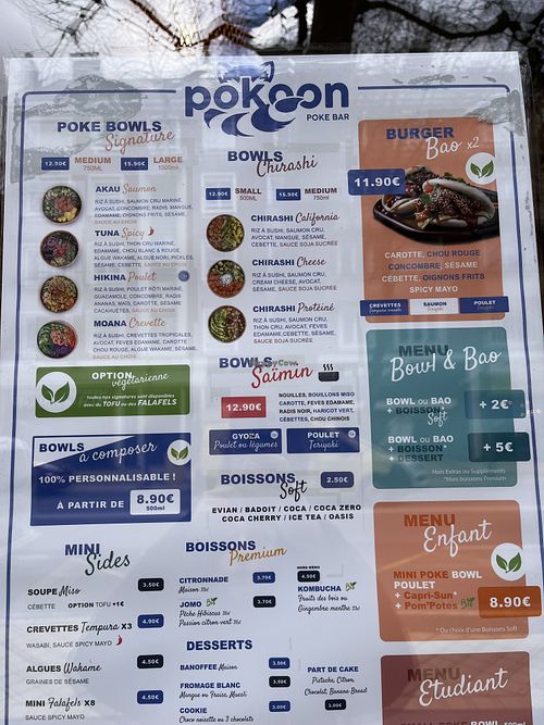 The menu  at Pokoon Poke Bar in Calais