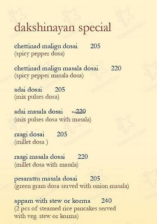 Menu showing varieties of Dosa at Dakshinayan in Ahmedabad