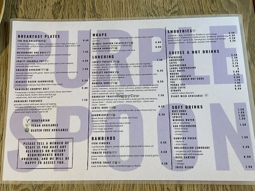 The menu   at The Purple Spoon in Highbridge
