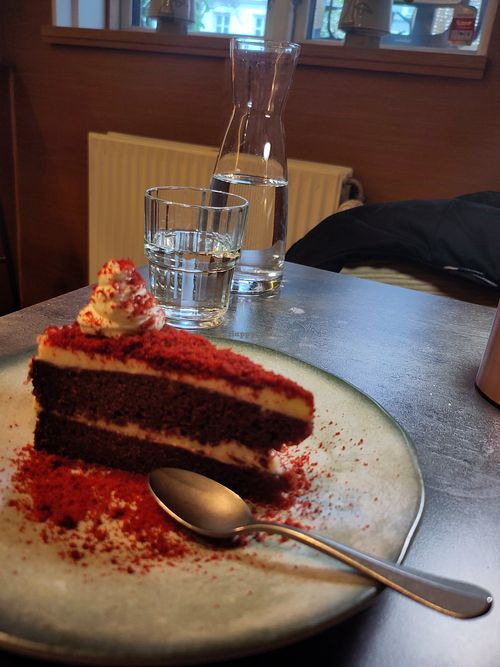 Red Velvet delicious cake at Bistro Verde in Copenhagen