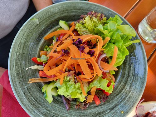 Big mixed salad with German farmers bread at Vereinshain in Bamberg