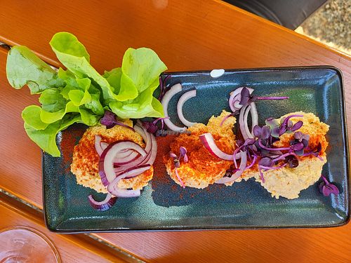 Self-made vegan version of famous Bavarian/Franconian speciality "Obazda"/"Gerupfter", coming with German farmers bread at Vereinshain in Bamberg