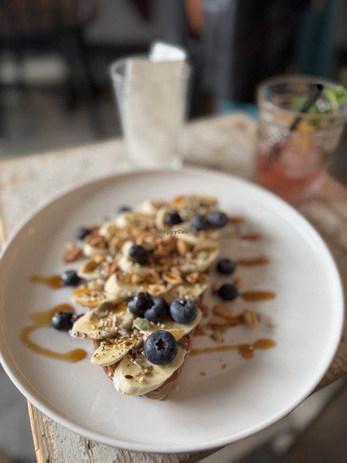Peanut butter banana toast with blieberries  at Brandbar in Antwerpen