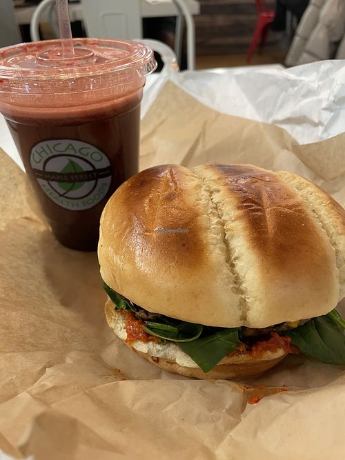 Fresh Juice + Black bean burger  at Chicago Health Foods in Chicago