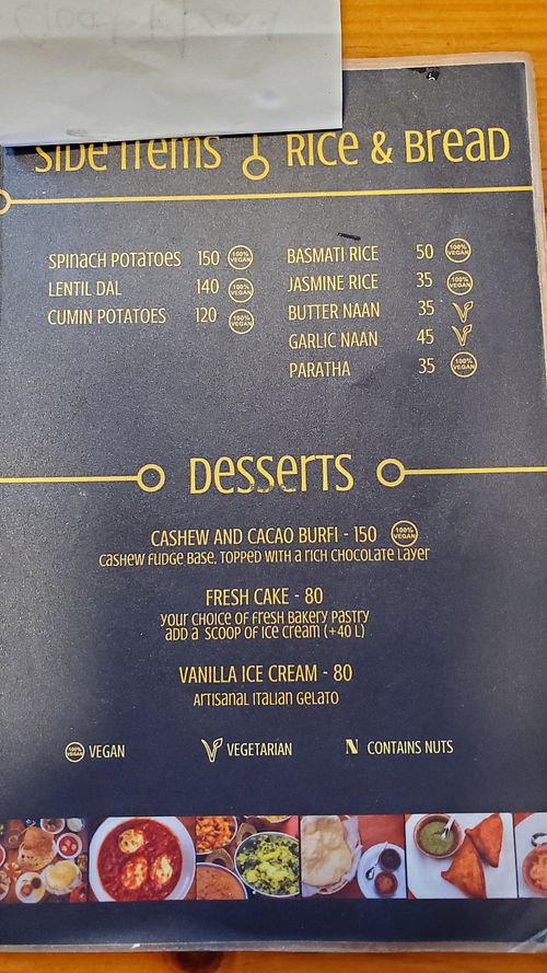 Menu at Marigold Indian Cuisine in Roatan