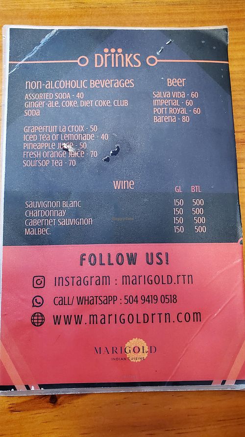Menu at Marigold Indian Cuisine in Roatan