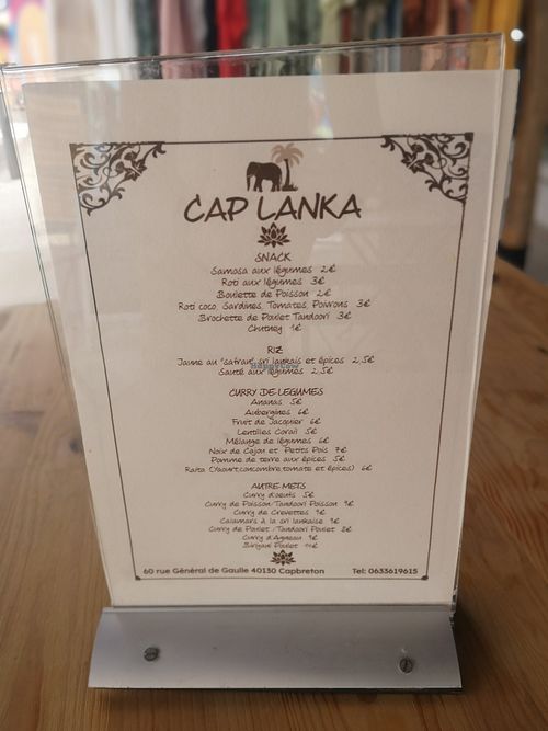 Menu at Cap Lanka in Capbreton