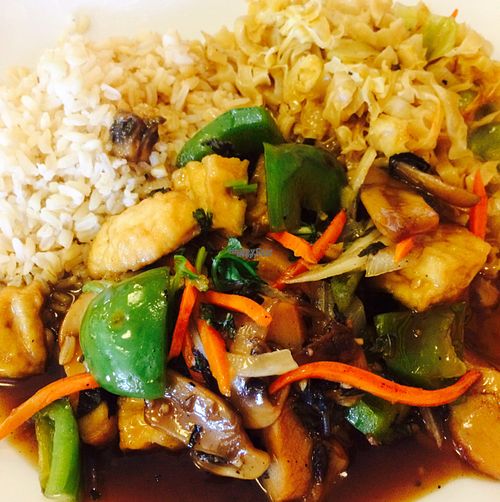 sweet chili basil soy chicken with brown rice & chowmein noodles at Good Vibes in Huntington Beach
