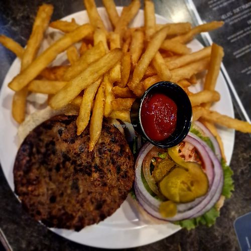 Vegetarian burger (ask for it without mayonnaise) at Gus' Bar & Grill in Port Mcneill