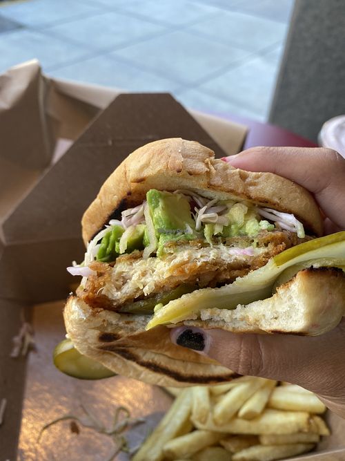 Up-Close of Vegan Crispy Chicken w/Avocado and a Plethora of Pickles  at Rad Radish in San Francisco