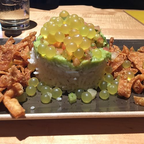 coconut rice, avocado, pico, orange boba, fried wontons at Sunspot in Knoxville