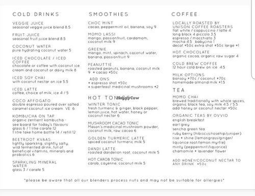 Menu drinks ! at Momo Wholefood in Newcastle
