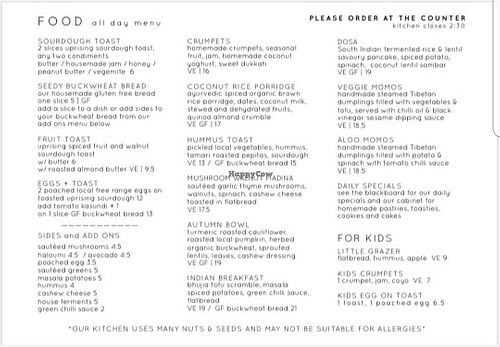 Food menu at Momo Wholefood in Newcastle