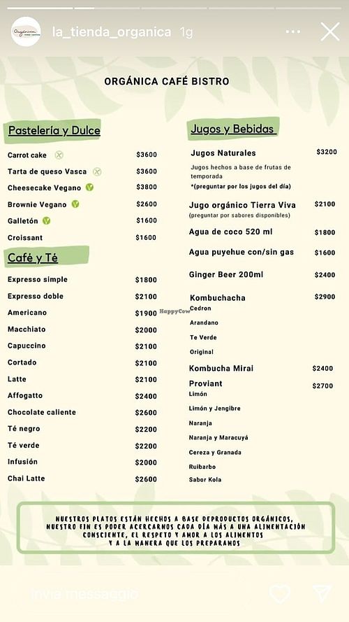 menu at Orgánica Café & Tienda in Santiago
