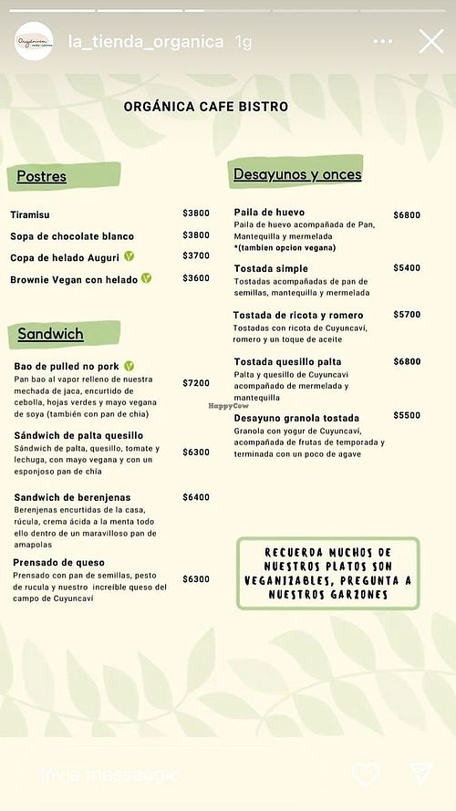 menu at Orgánica Café & Tienda in Santiago