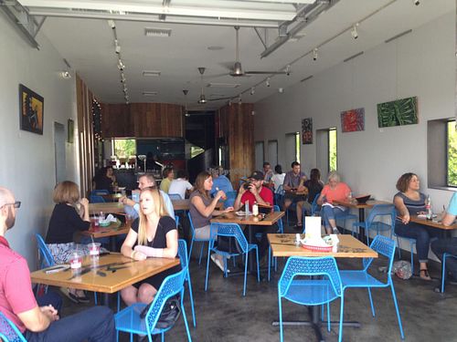 garage-like open space for dining at Green New American Vegetarian in Phoenix