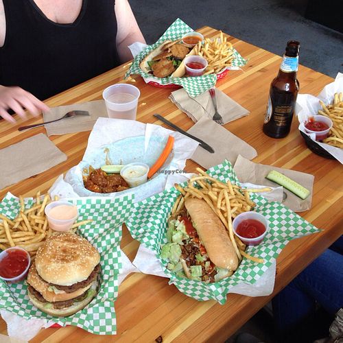 Big Wac, Buffalo Wings, Original G Po'Boy, a special, root beer (in the bottle) at Green New American Vegetarian in Phoenix