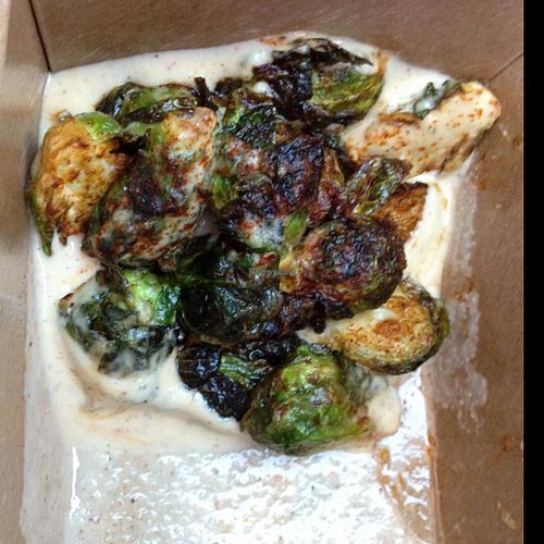 Deep fried Brussels Sprouts in a creamy Tahini sauce (special; limited time only) at Green New American Vegetarian in Phoenix