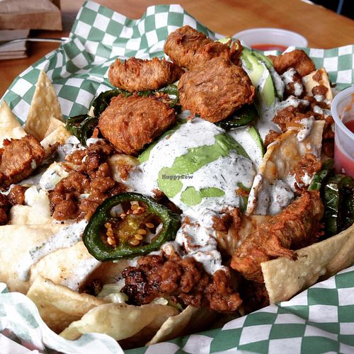 Cooler than Ranch Nachos (with edits: no cheese, no tomatoes, added avocado, extra 'meat') at Green New American Vegetarian in Phoenix