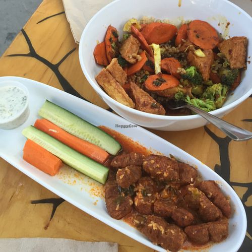 amazing!! buffalo wings and a sesame tofu bowl and two huge sangrias = heaven :-) at Green New American Vegetarian in Phoenix