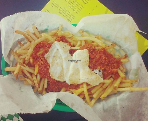 Chili cheese fries. Second time I went had more cheese than this. at Green New American Vegetarian in Phoenix