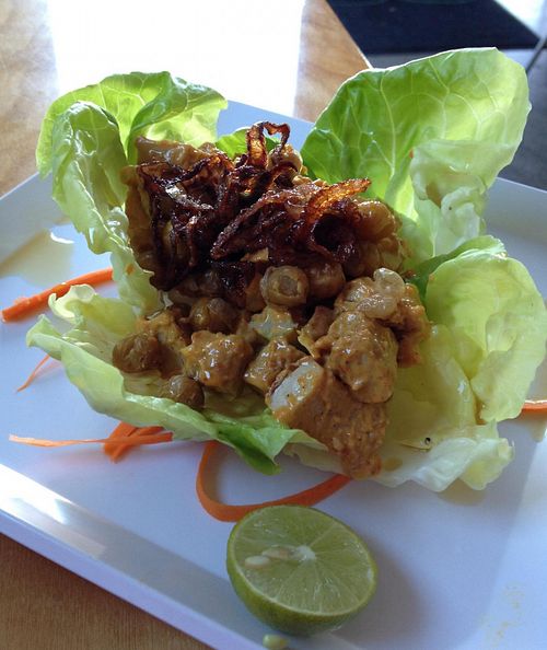 Sesame Chicken in a curry mayo w/ garbanzo friti atop butter lettuce (happy hour special only; not on regular menu) - DELICIOUS!  at Green New American Vegetarian in Phoenix