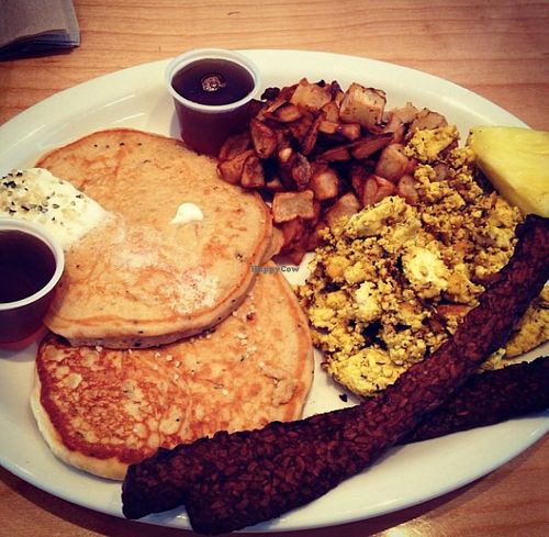 brunch special with pancakes and bacon (one of my fav brunch specials!) at Green New American Vegetarian in Phoenix